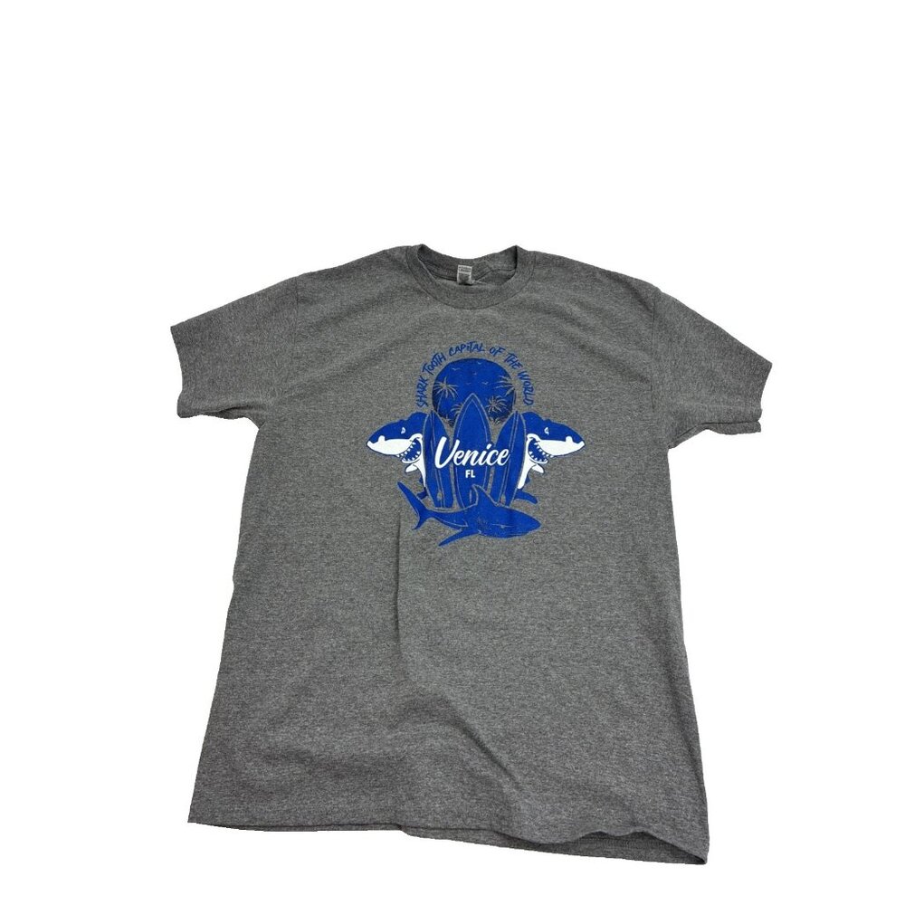 Venice FL Shark Surf Graphic T Shirt Mens Large Gray Gildan Beach Tee